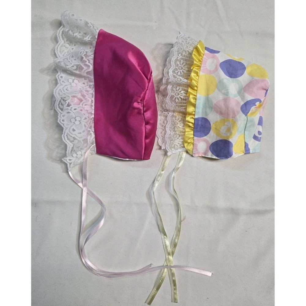Handmade Bonnet  12 Months  Multicolor Lace Revirsable Bunny Birds Lot Of 2